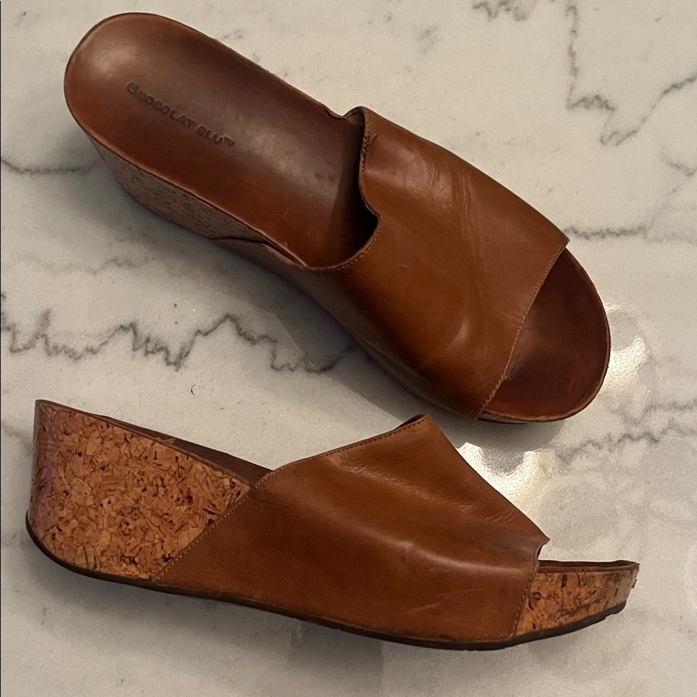 Chocolat Blu Tan Leather Mules with Cork Wedge